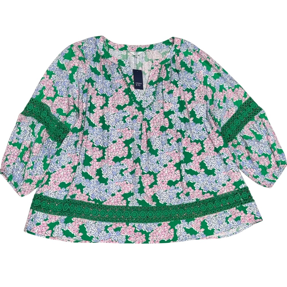 Crown & Ivy Peasant Blouse Womens 3X Green Floral New NWT Crochet Lace Curvy Top